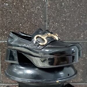 Jeffrey Campbell Elegant Black Patent Loafers with Gold Accent Horse Bit Chunky